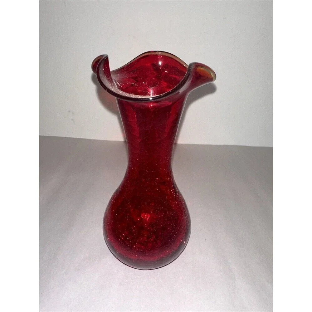 Vintage Hand Blown Glass Amberina Crackle Vase With Ruffled Top